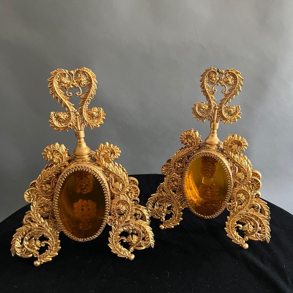 Vintage Perfume Bottle Gold Ormolu Filigree Amber Glass Hollywood Regency￼￼ - Picture 2 of 10